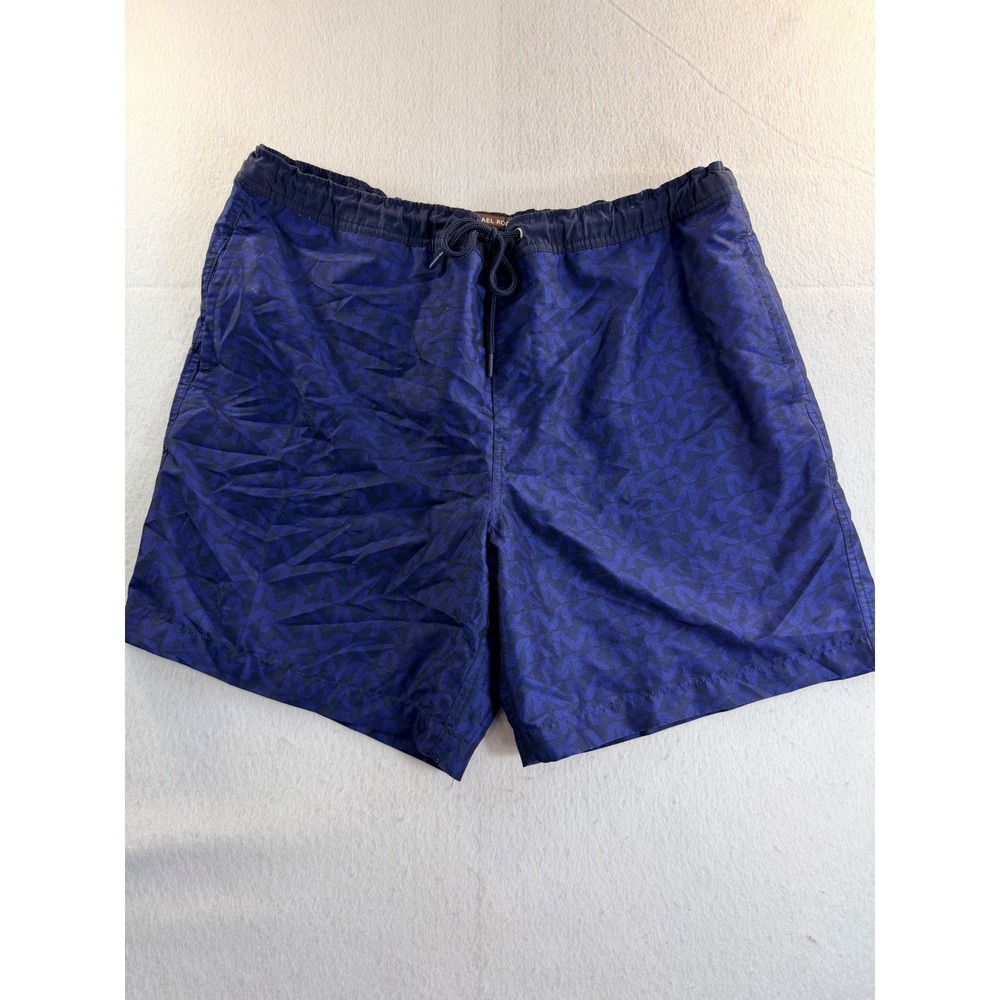 Michael Kors Mens Navy Blue Monogram Logo Swim Trunks Shorts Size L Drawstring